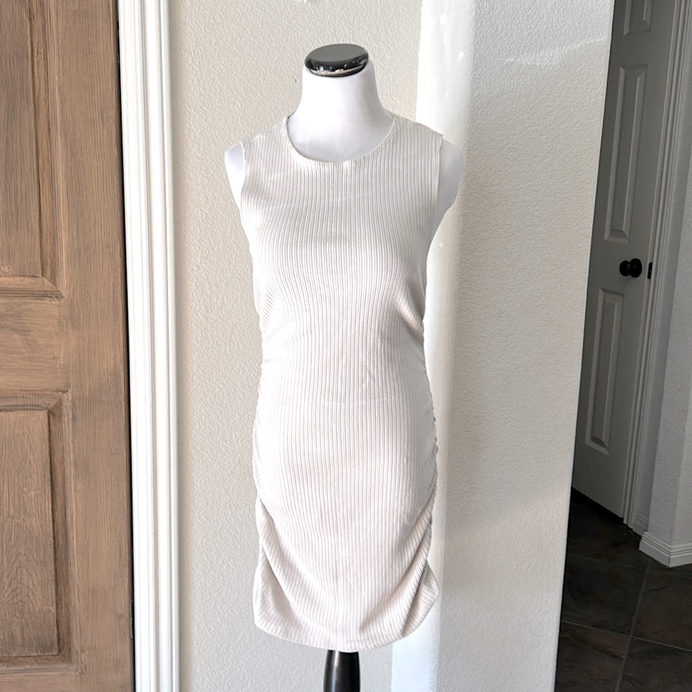 Reformation Bodycon Ribbed Dress Rouching Creme Organic Cotton XLarge Stretch